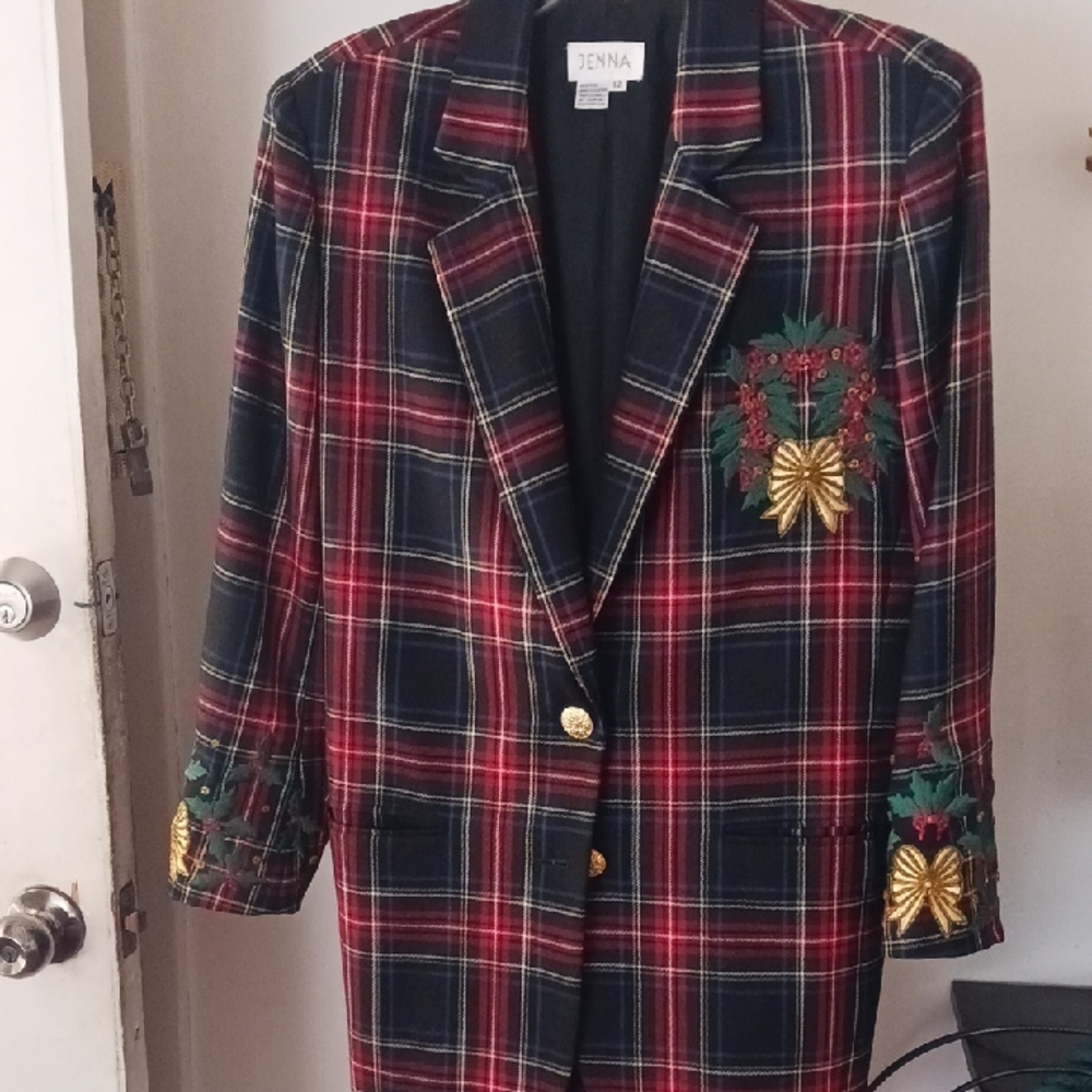 Jenna Jameson Festive Plaid Blazer - Red, Green, Gold